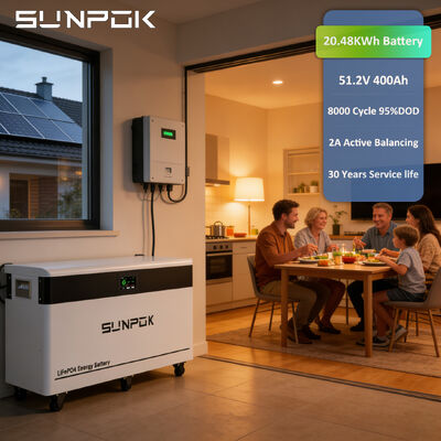 SUNPOK 20KWh 51.2V 20kW 400Ah LiFePO4 Stackable Hybrid Grid Solar Energy Storage Battery Pack for Household Use